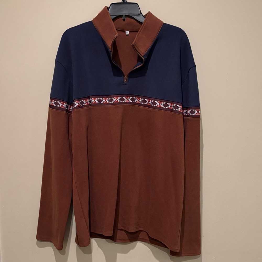 Quarter-Zip Colorblock Pullover in Navy & Brown